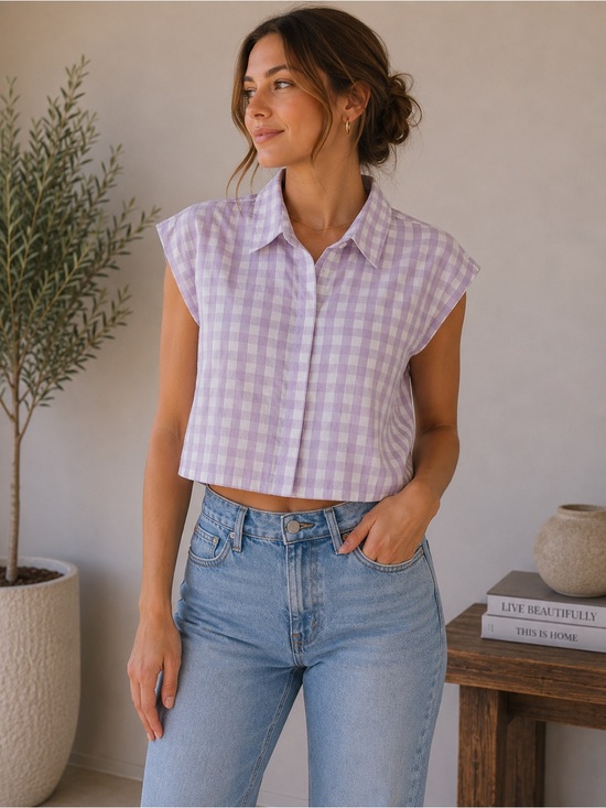 Zara Tops - Zara Light Purple and White Gingham Button-Up Shirt Size M Cottagecore Plaid